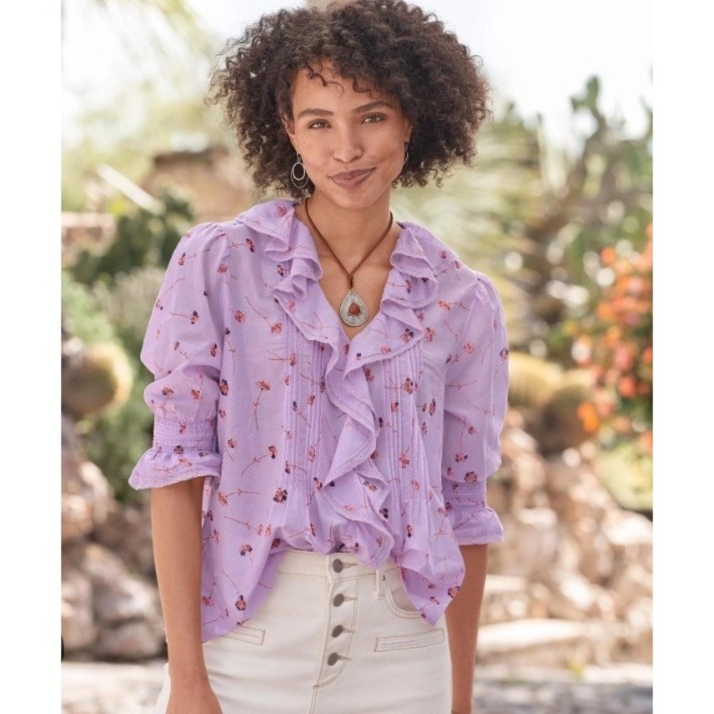 Sundance Beatrice Ruffle Blouse Top Women's Size Small Lavender Floral Bell Slv